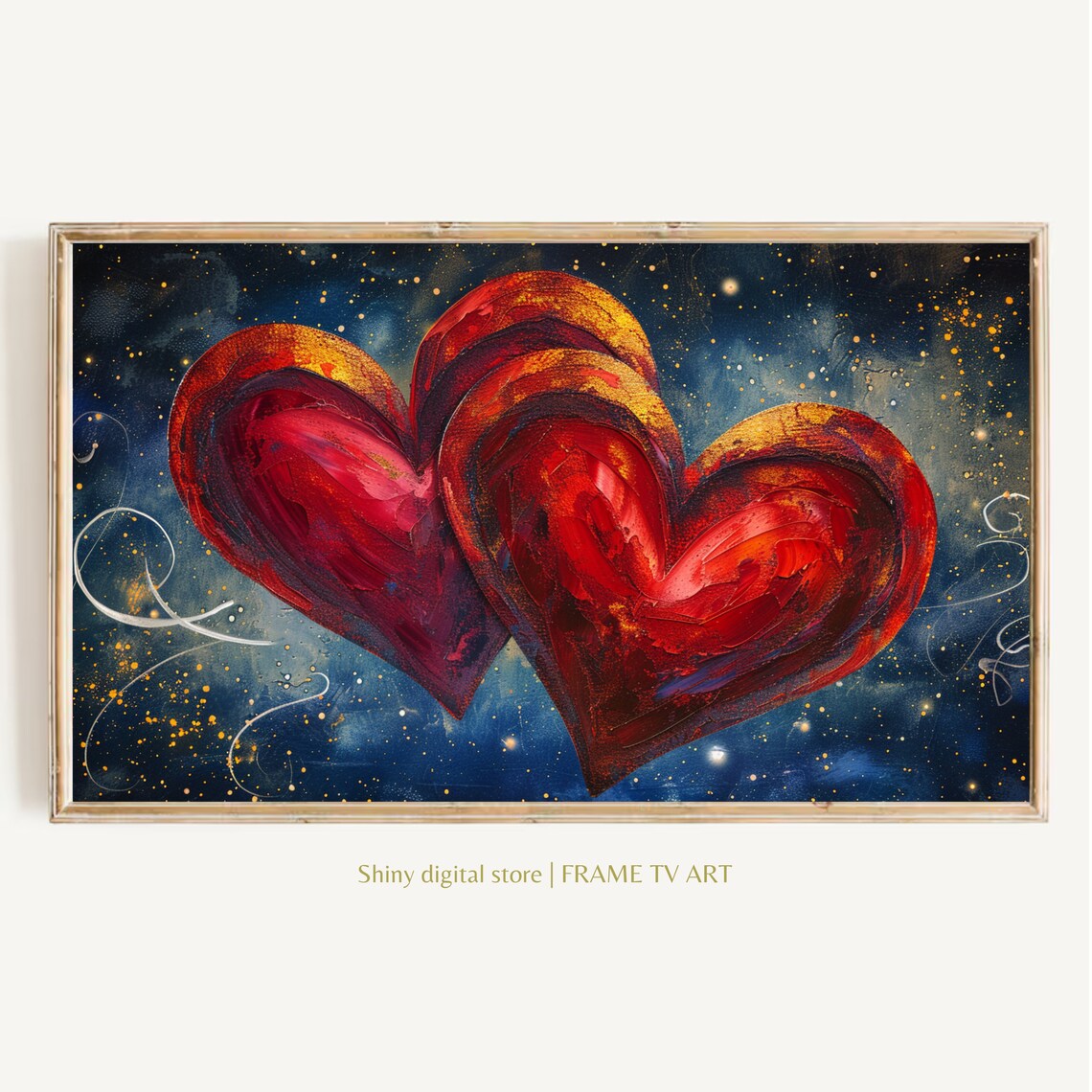 Two Red Hearts Painted Gold Accents Starry Night Sky Love Art Poster