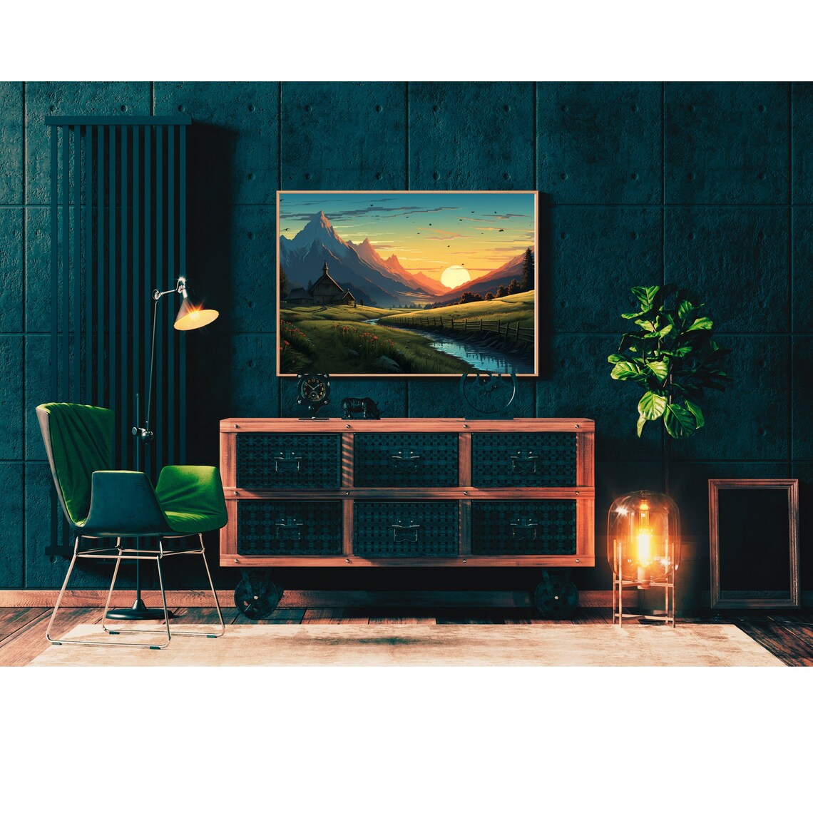 Alpine Church Sunset Stream Wildflower Mountain Village Art Poster - Image 2