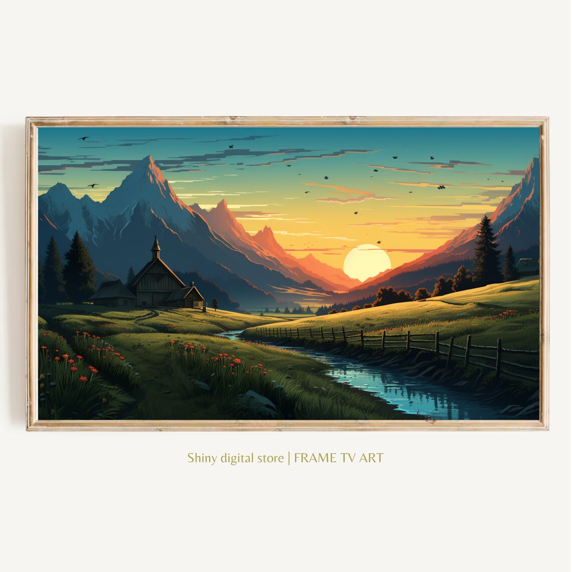 Alpine Church Sunset Stream Wildflower Mountain Village Art Poster