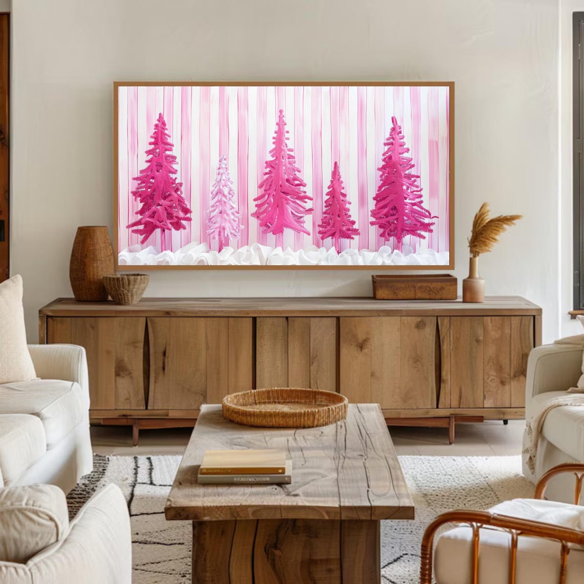 Pink Christmas Bottle Brush Trees Holiday Decor Pastel Art Poster - Image 2