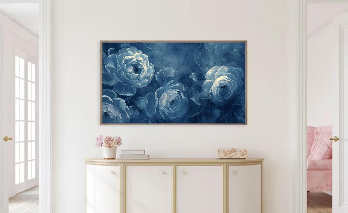 Blue Monochrome Peonies Indigo Floral Painting Elegant Navy Art Print - Image 2