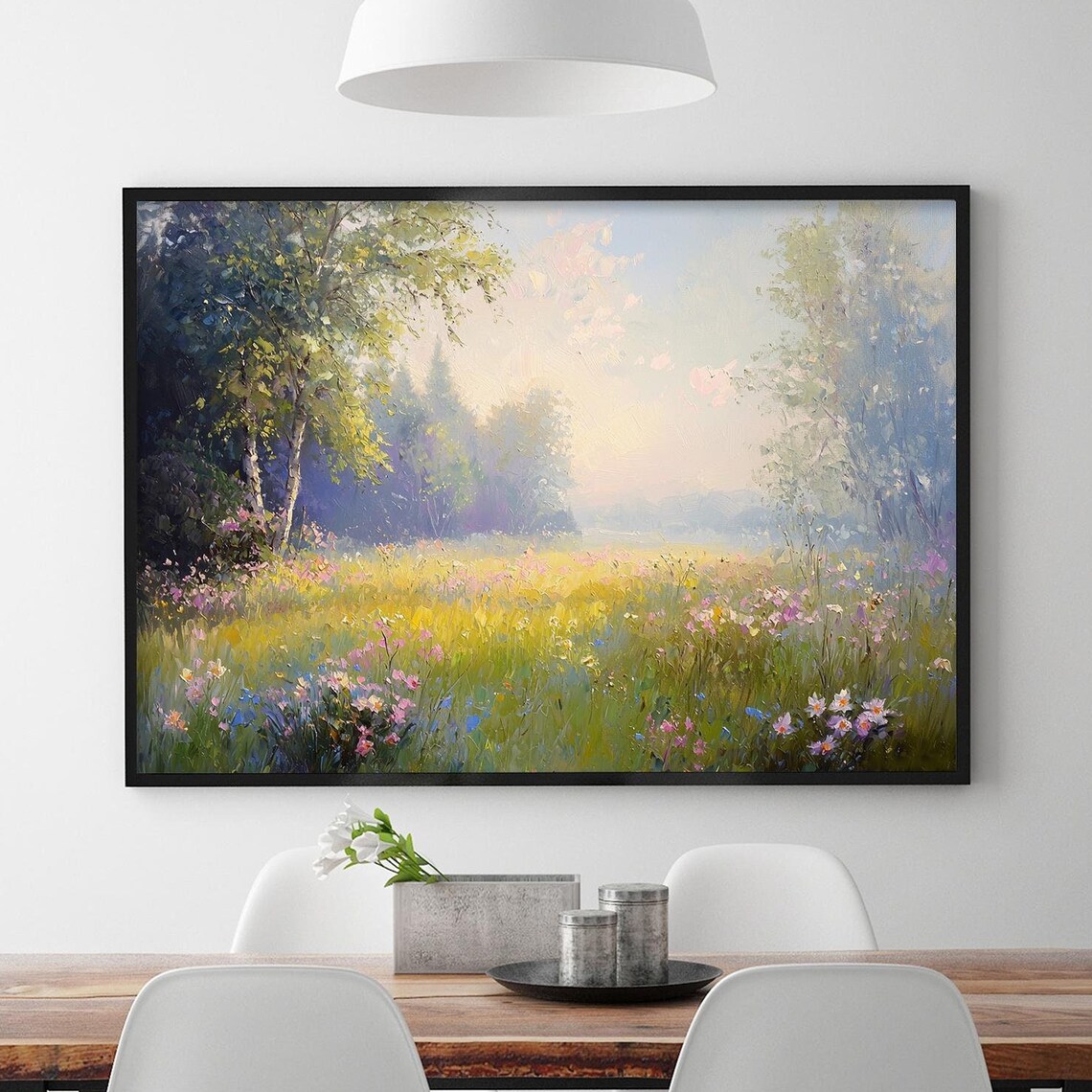 Spring Meadow Wildflowers Morning Mist Soft Pastel Oil Painting Poster