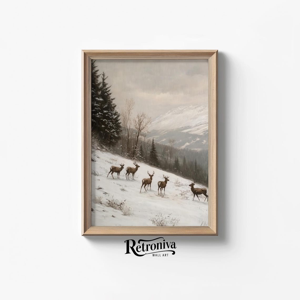 Deer Crossing Snowy Mountain Vintage Winter Wildlife Herd Poster