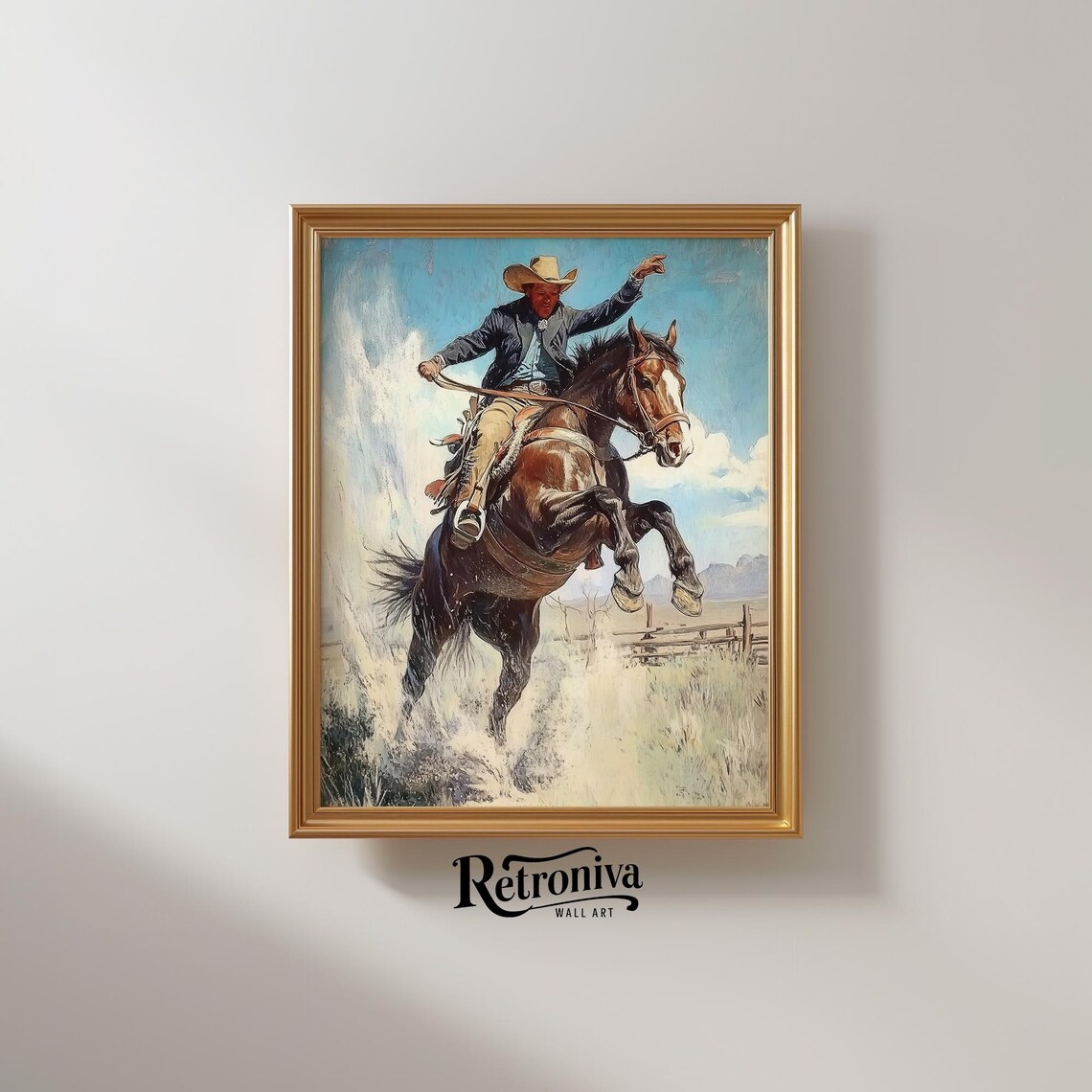 Cowboy On Bucking Horse Vintage Western Rodeo Oil Painting Poster - Image 2
