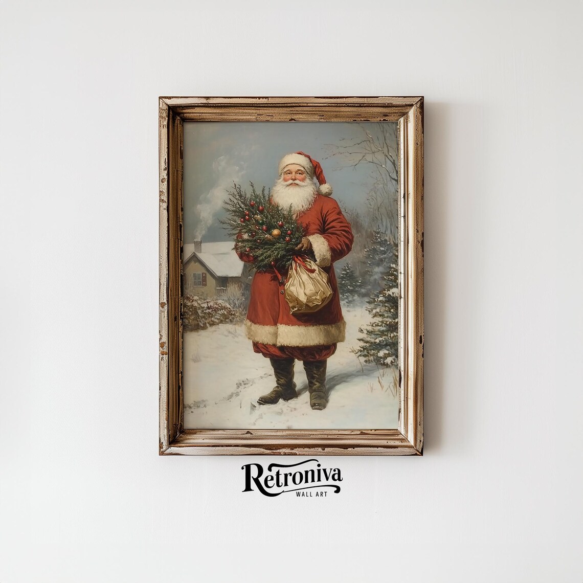 Antique Santa With Christmas Gifts Portrait In Snowy Winter Landscape Wall Art Traditional Holiday Decor Retroniva Art Prt 014 - Image 4