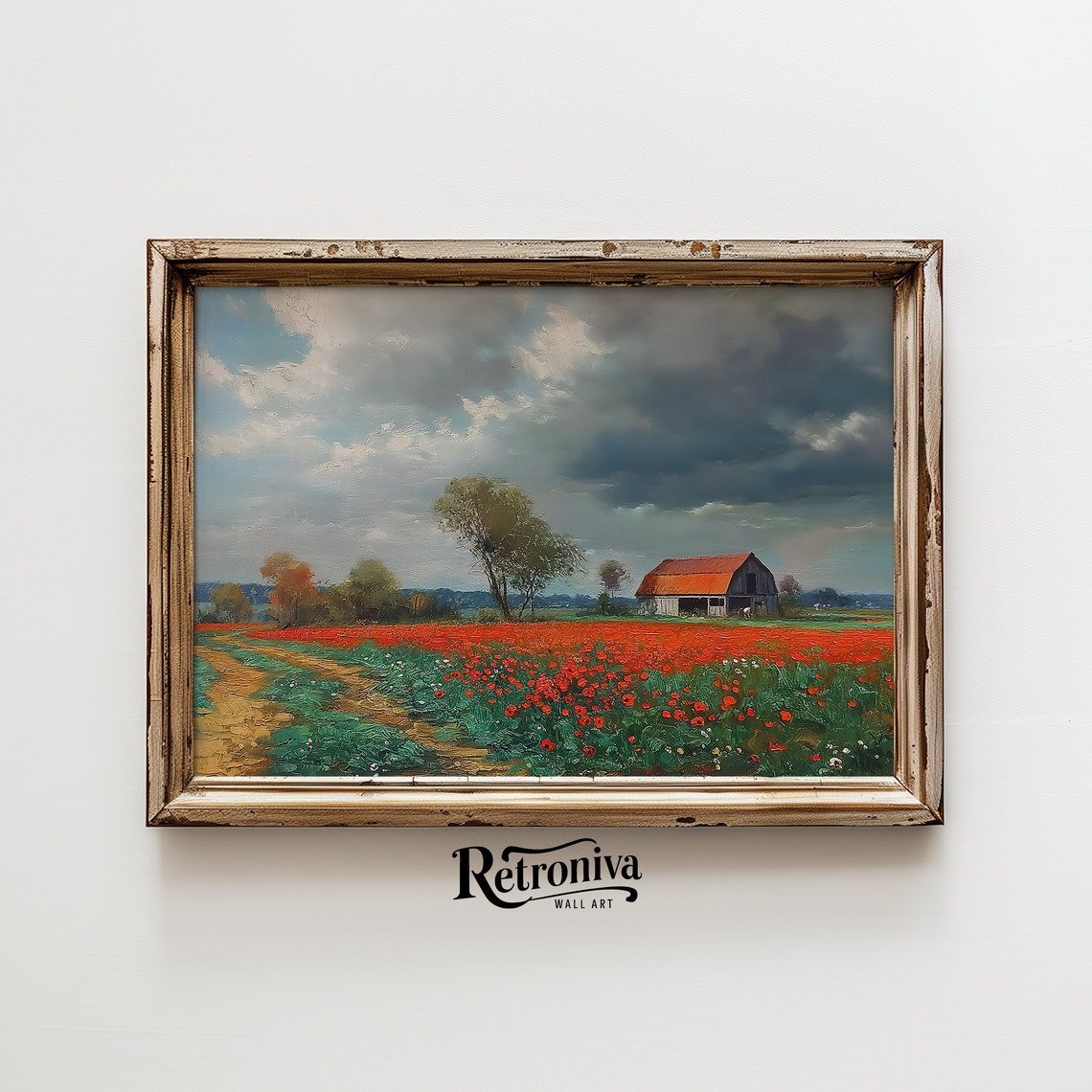 Vast Red Poppy Field With Barn Under A Dramatic Stormy Sky Poster - Image 6