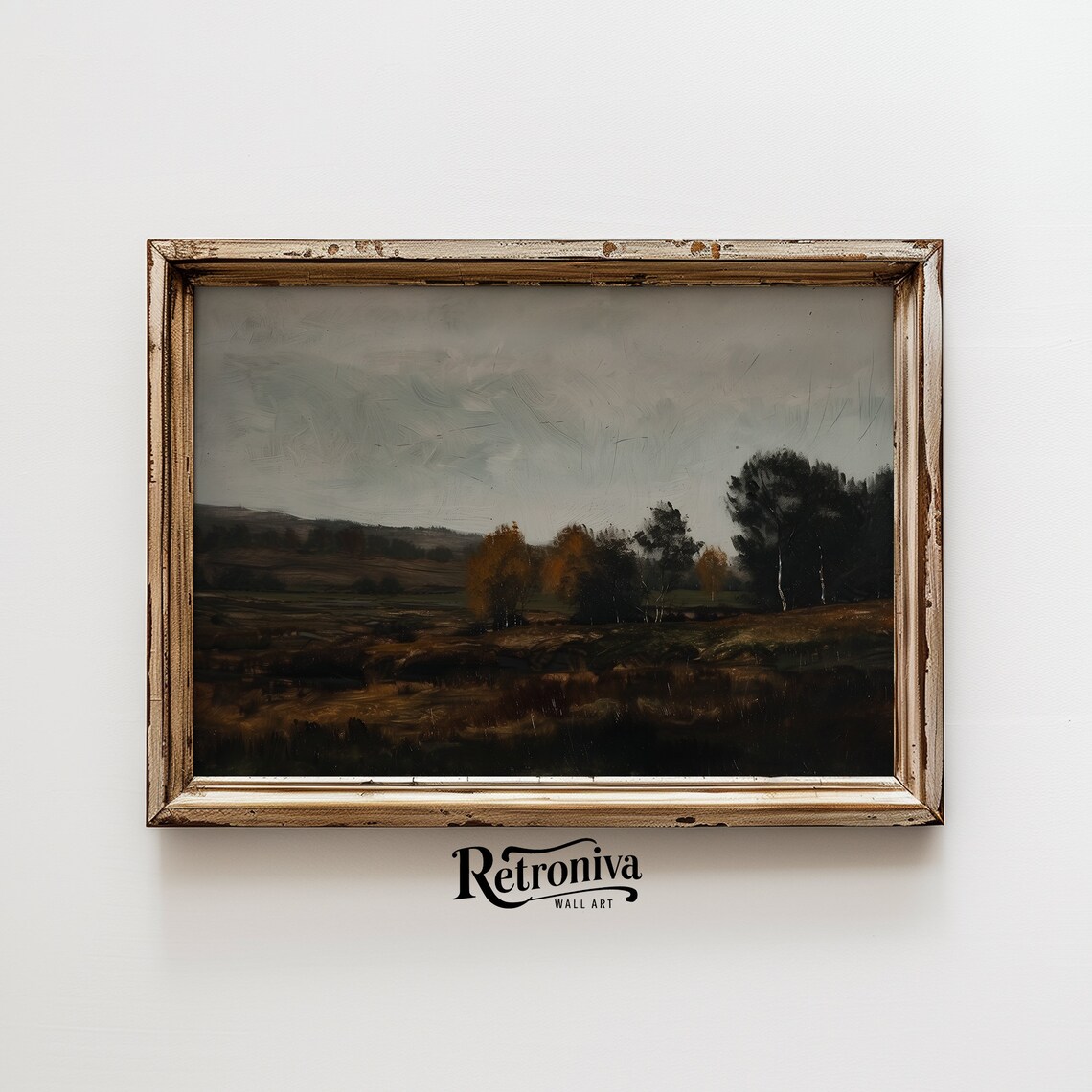 Dark Moody Autumn Marsh Fields Sparse Trees Vintage Landscape Poster - Image 6