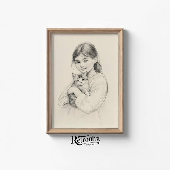 Sweet Girl Holding Kitten Pencil Sketch Minimalist Nursery Poster
