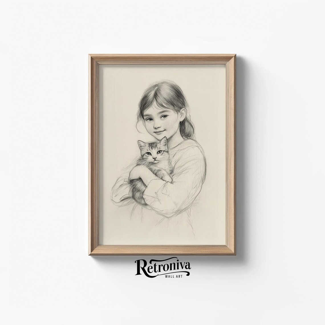 Sweet Girl Holding Kitten Pencil Sketch Minimalist Nursery Poster
