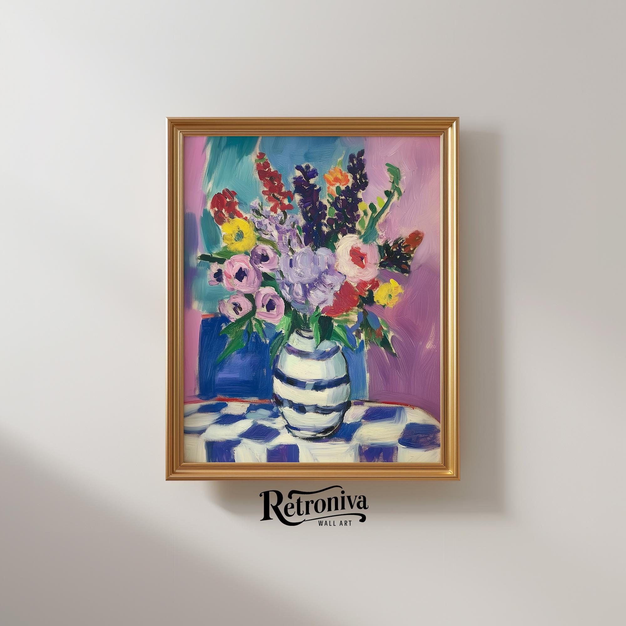 Colorful Flower Bouquet in Striped Vase Vibrant Abstract Poster - Image 2