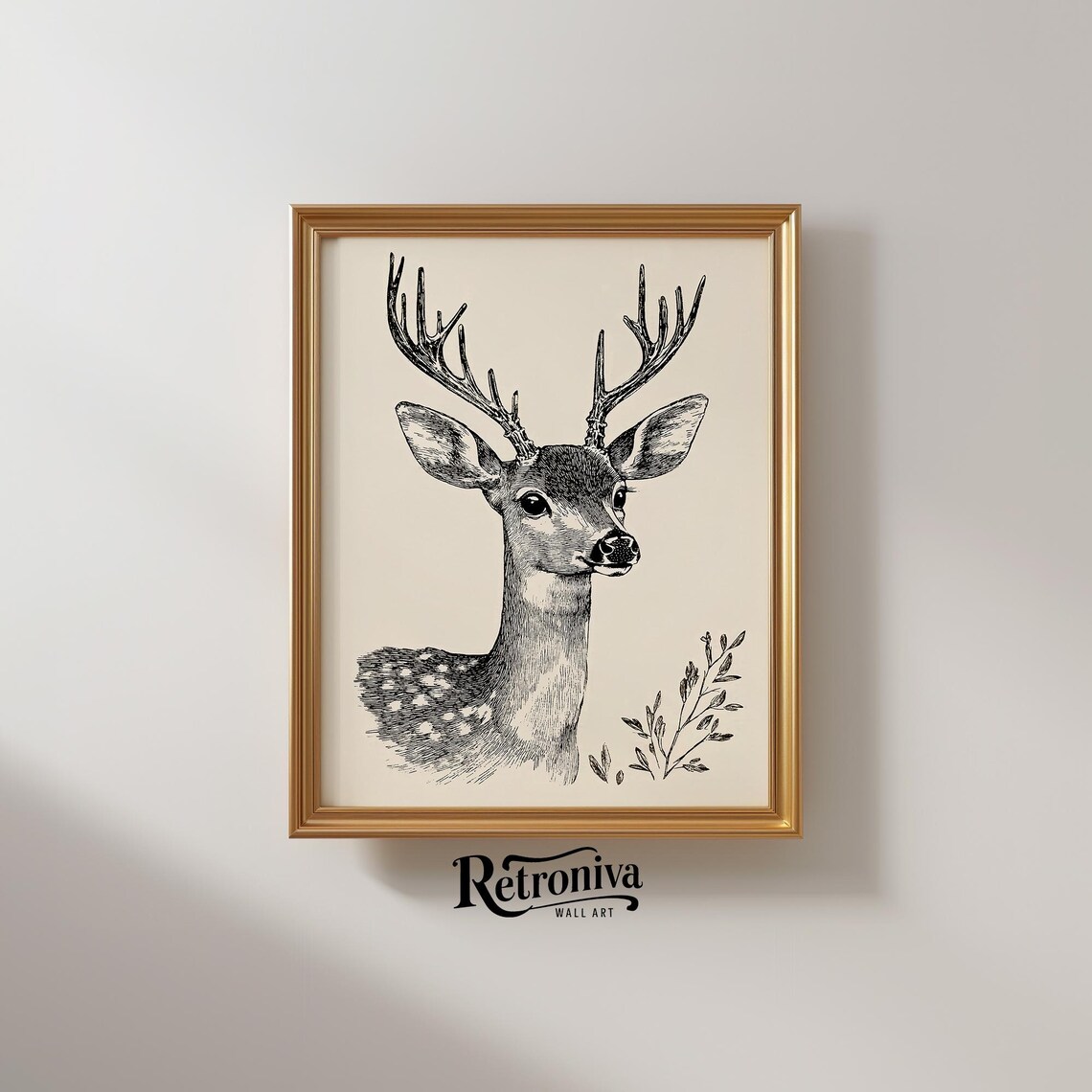 Antique Ink Drawing Of A Stag With Antlers On Cream Paper Poster - Image 2