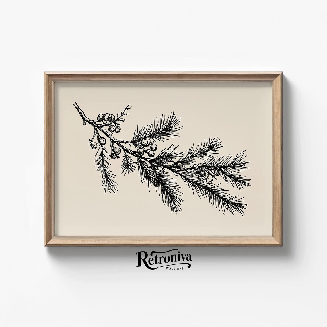 Pine Branch Sketch Minimalist Winter Botanical Line Drawing Poster