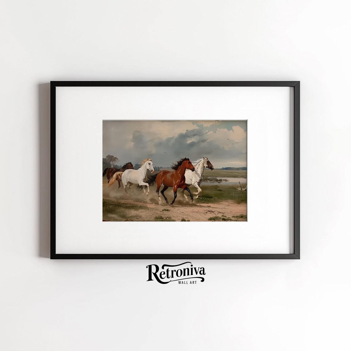 Four Wild Horses Galloping Across Open Field Vintage Painting Poster - Image 6