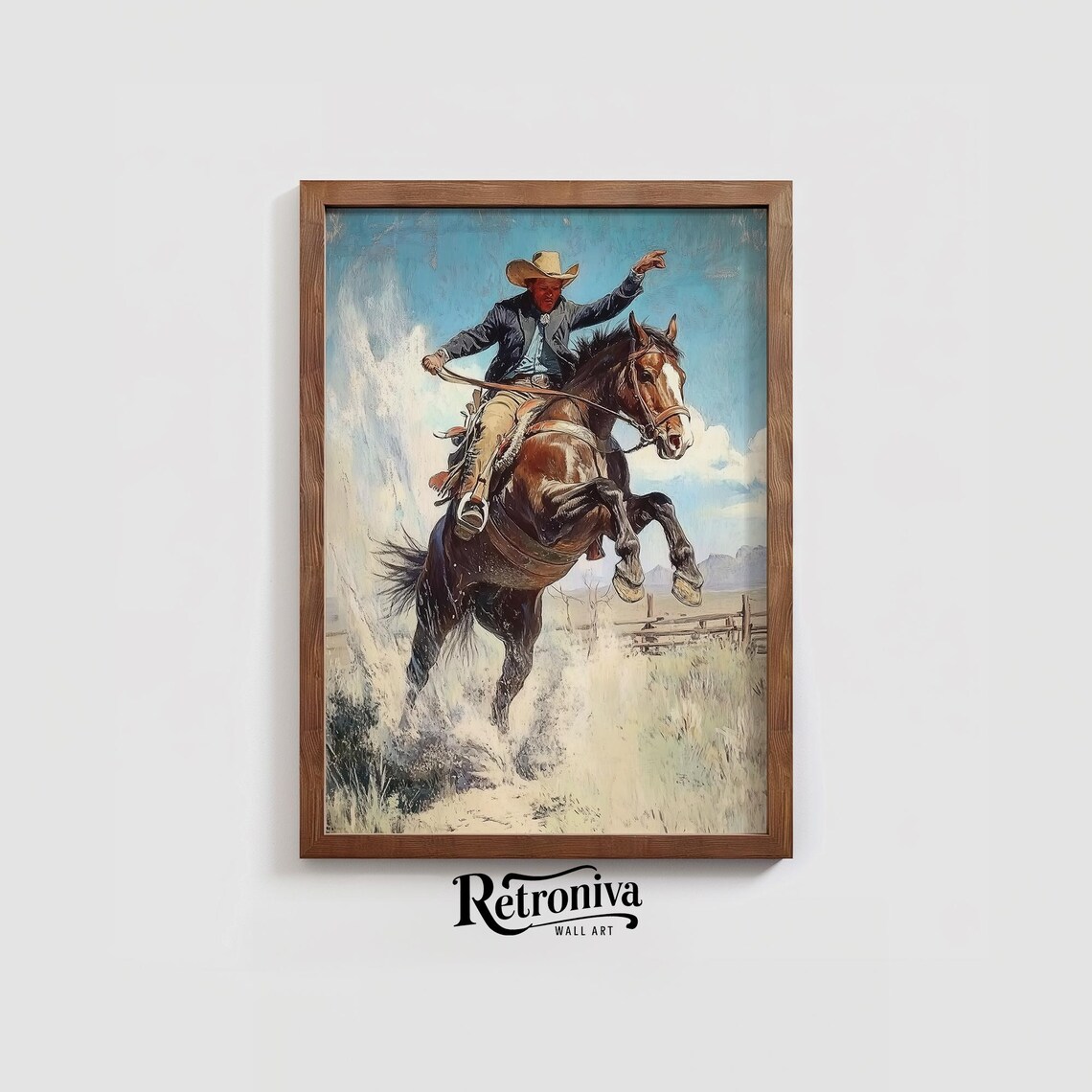 Cowboy On Bucking Horse Vintage Western Rodeo Oil Painting Poster - Image 3
