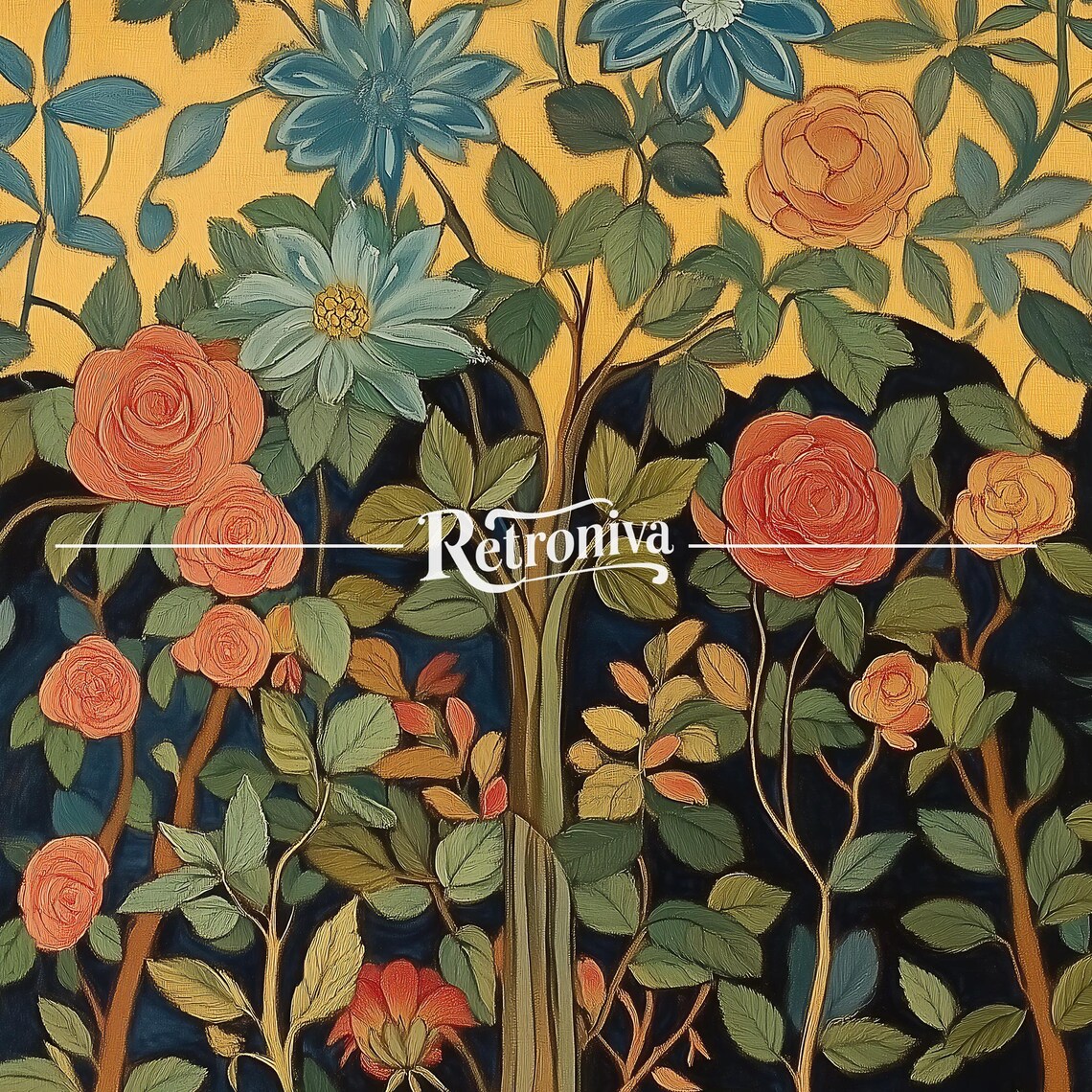 Art Nouveau Floral Pattern With Roses On Gold And Navy Poster - Image 7
