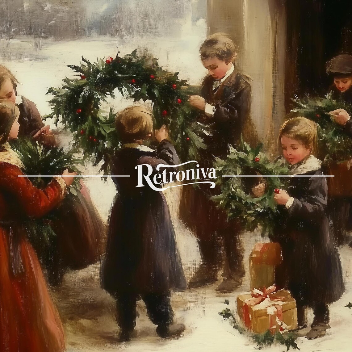 Children with Christmas Wreath on Snowy Day Vintage Holiday Poster - Image 7