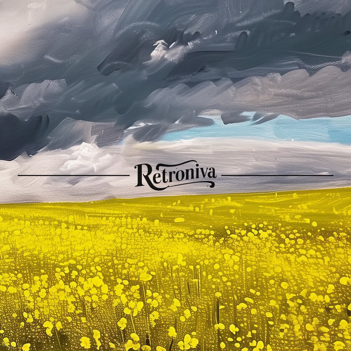 Yellow Wildflower Field Under Storm Clouds Dramatic Meadow Painting Poster - Image 7