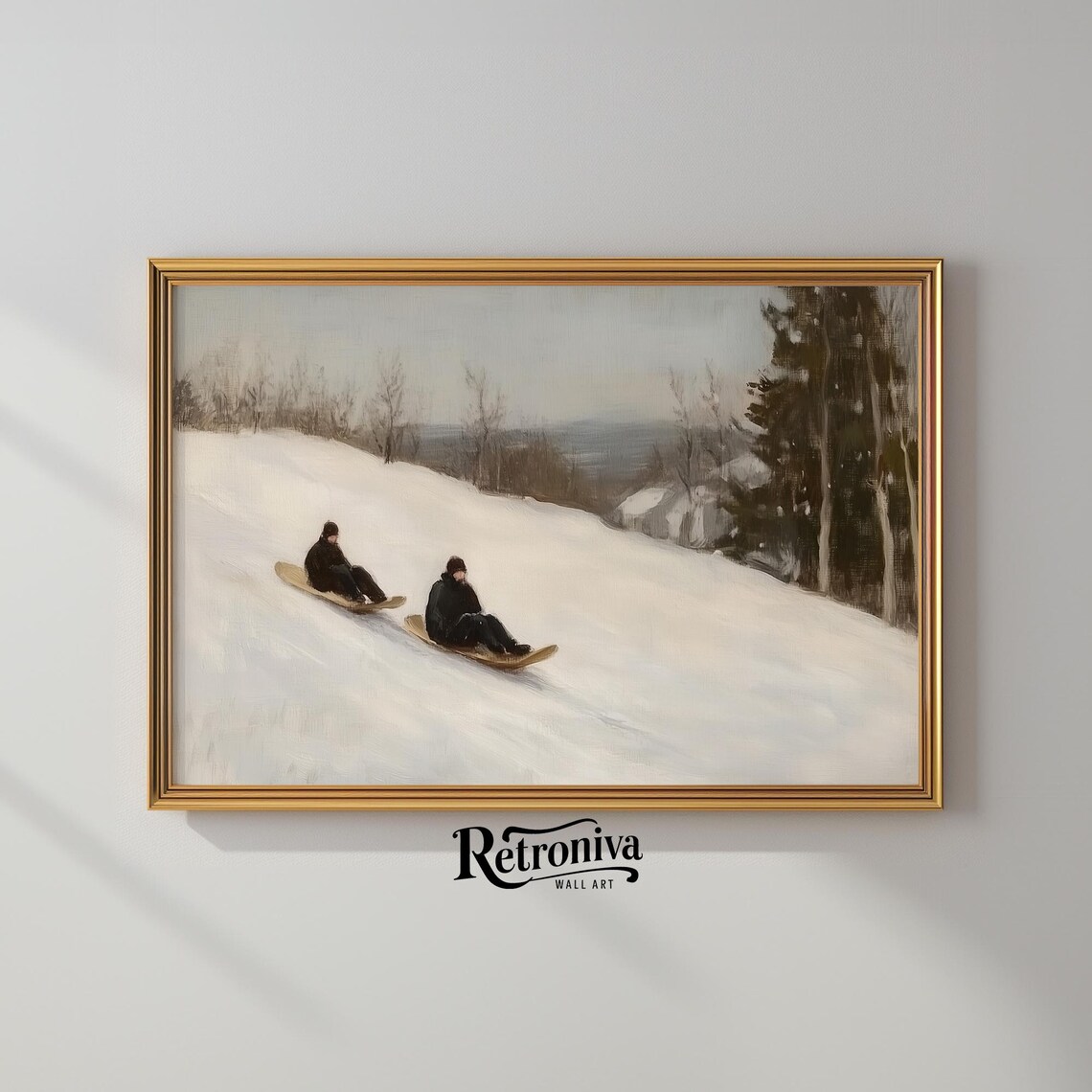 Vintage Winter Sledding Scene Two Sledders On A Snowy Hill Poster - Image 2