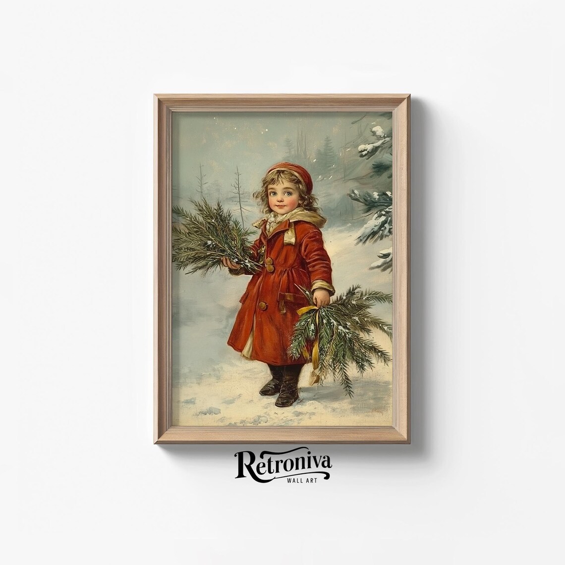 Vintage Christmas Girl In Red Coat Holding Evergreen Boughs Poster