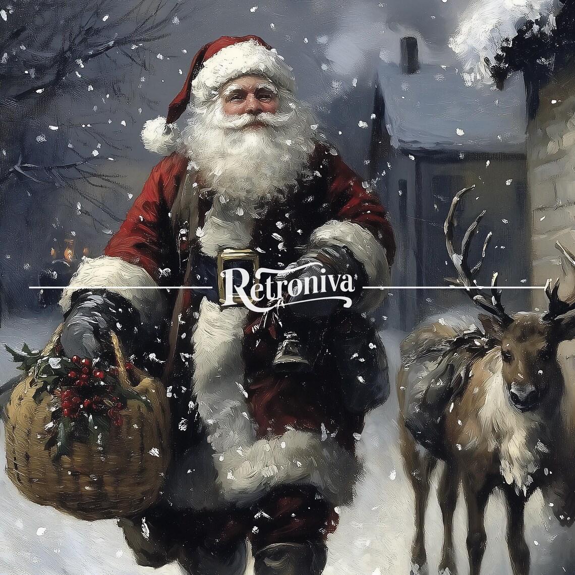 Santa Claus with Reindeer on Snowy Night Vintage Christmas Poster - Image 7
