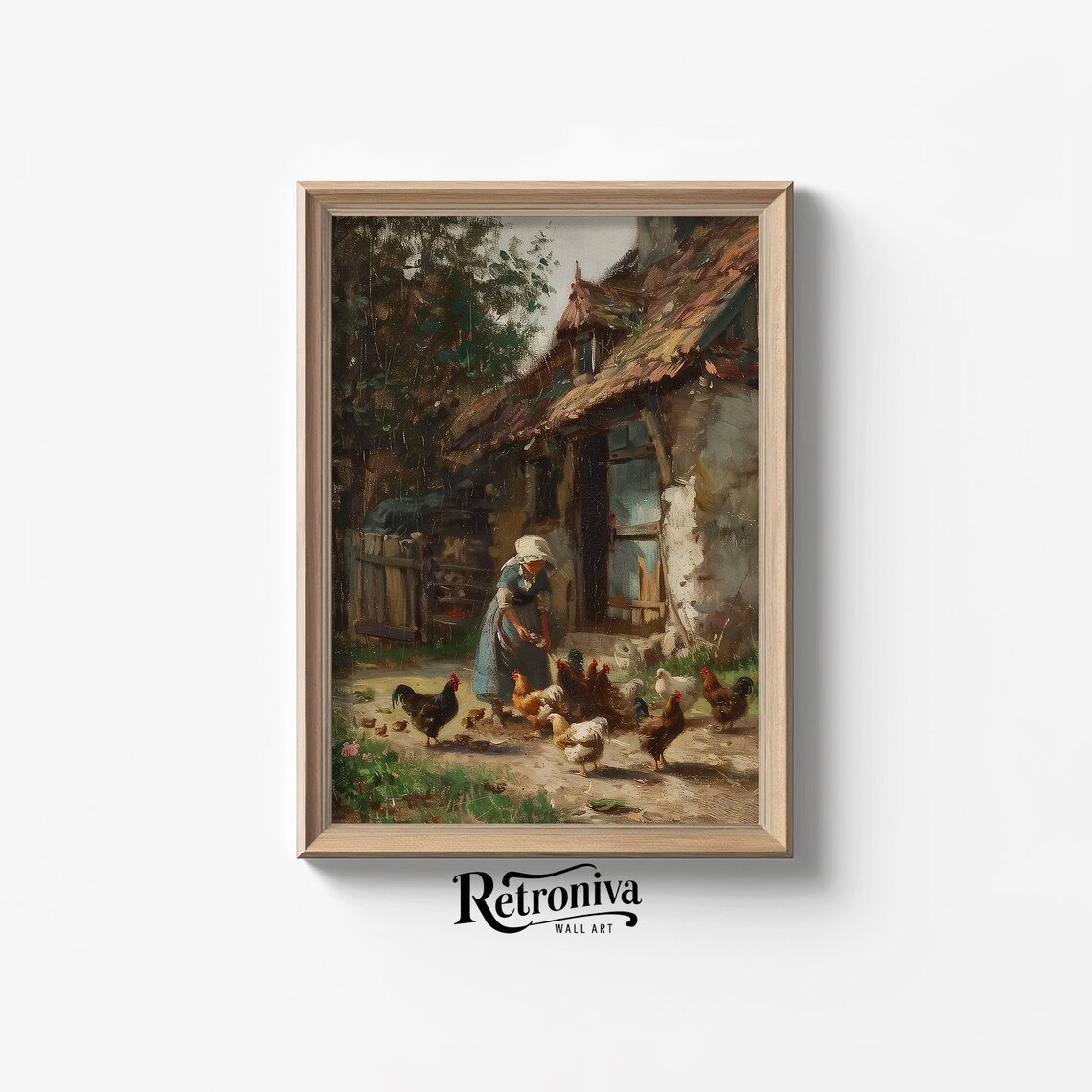 Woman Feeding Chickens Vintage Farmhouse Art Print