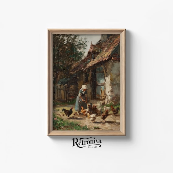 Woman Feeding Chickens Vintage Farmhouse Art Print