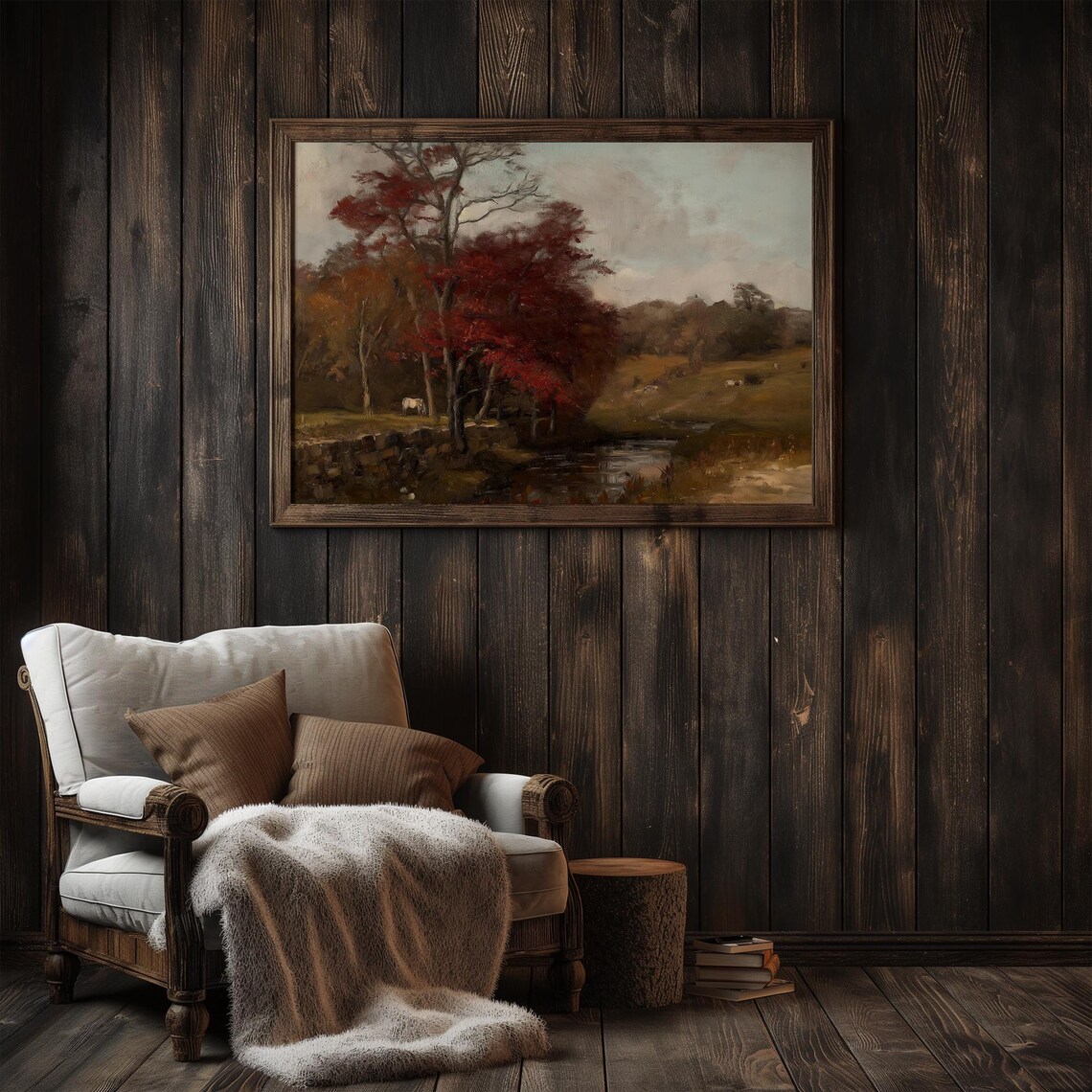 Moody Autumn Countryside With Red Trees And Grazing Cows Poster - Image 3