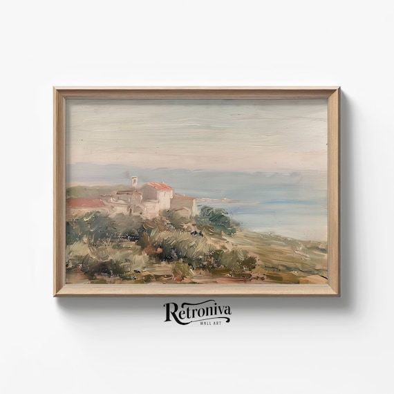 Coastal Village Hill Vintage Mediterranean Seascape Painting Poster