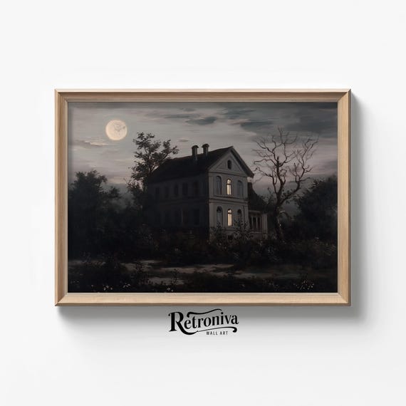 Rustic House Landscape Oil Painting In Moonlight Moody Dark Cottagecore Wall Art Dark Academia Print Retroniva Art Ngt 008