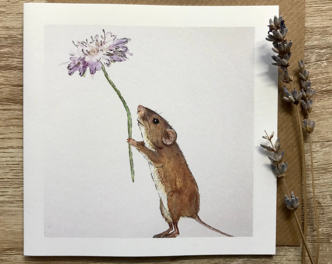Watercolor Mouse Holding Flower Cute Woodland Animal Art Poster