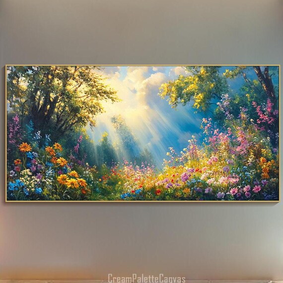 Green Forest Landscape Oil Painting Summer Scenery Textured Nature Wall Art Garden Bright Light Trees Art Large Contemporary Kitchen Decor