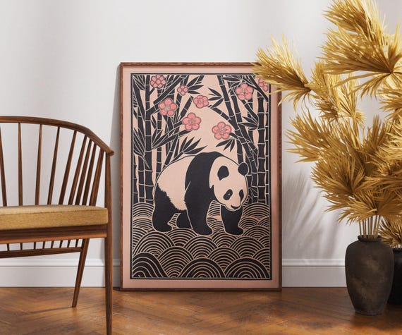 Vintage Panda Poster Linocut Plum Bamboo Art Retro Wildlife Wall Decor Boho Nature Illustration Asian Botanical Print Unique Gift
