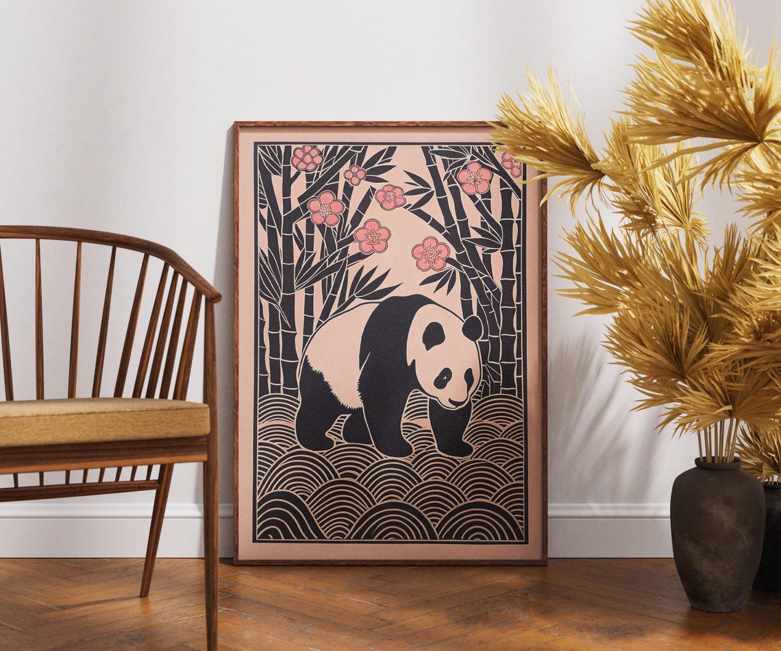 Vintage Panda Poster Linocut Plum Bamboo Art Retro Wildlife Wall Decor Boho Nature Illustration Asian Botanical Print Unique Gift