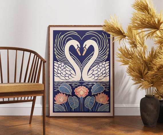 Vintage Swan Poster Linocut Heart Scene Art Retro Nature Wall Decor Boho Bird Illustration Elegant Botanical Print Unique Gift