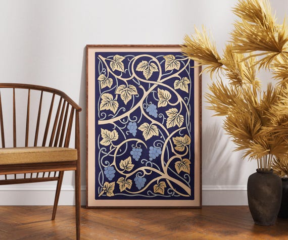 Vintage Grapevine Poster Linocut Ornate Garland Art Retro Botanical Wall Decor Boho Nature Illustration Rustic Vineyard Print Wine Gift