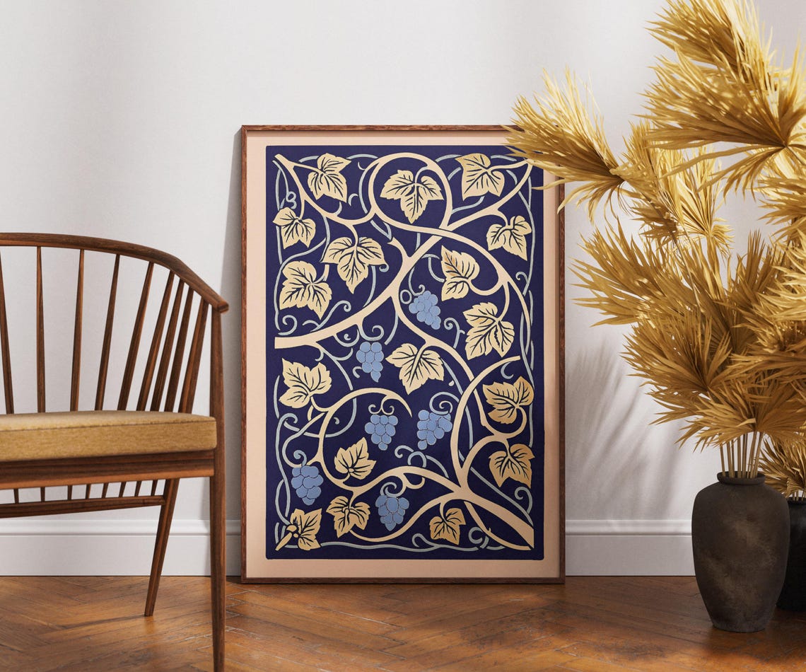 Grapevine Garland Poster Blue Vines Ornate Vintage Linocut Art