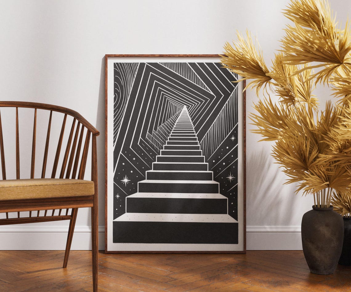 Cosmic Staircase To The Stars Black And White Optical Illusion Poster