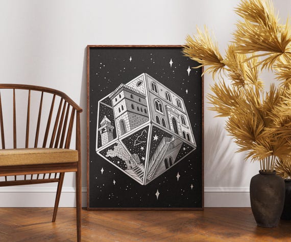Surreal Architecture Cube Print Floating Building In Space Wall Art Black And White Cosmic Structure Illustration Poster