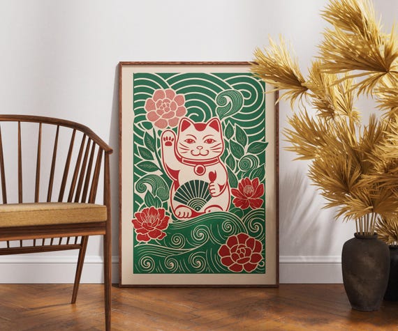 Vintage Manekineko Poster Linocut Peony Fan Art Retro Lucky Cat Wall Decor Boho Floral Illustration Unique Japanese Artwork