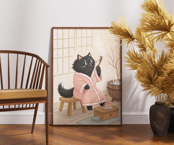 Black Cat Spa Morning Routine Art Japandi Bathroom Decor Cute Self Care Wall Print Minimalist Cozy Poster Japanese Style