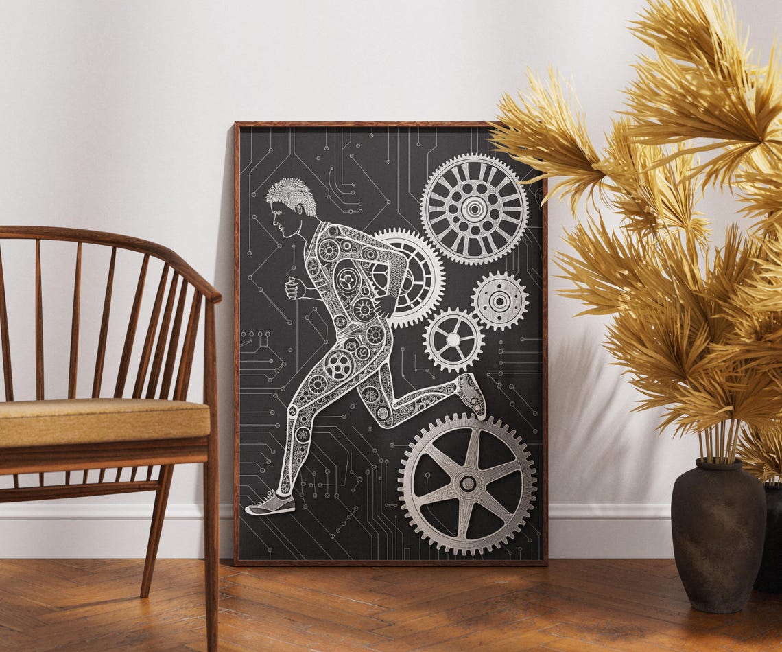 Cybernetic Steampunk Runner Poster Mechanical Gears Black White Art