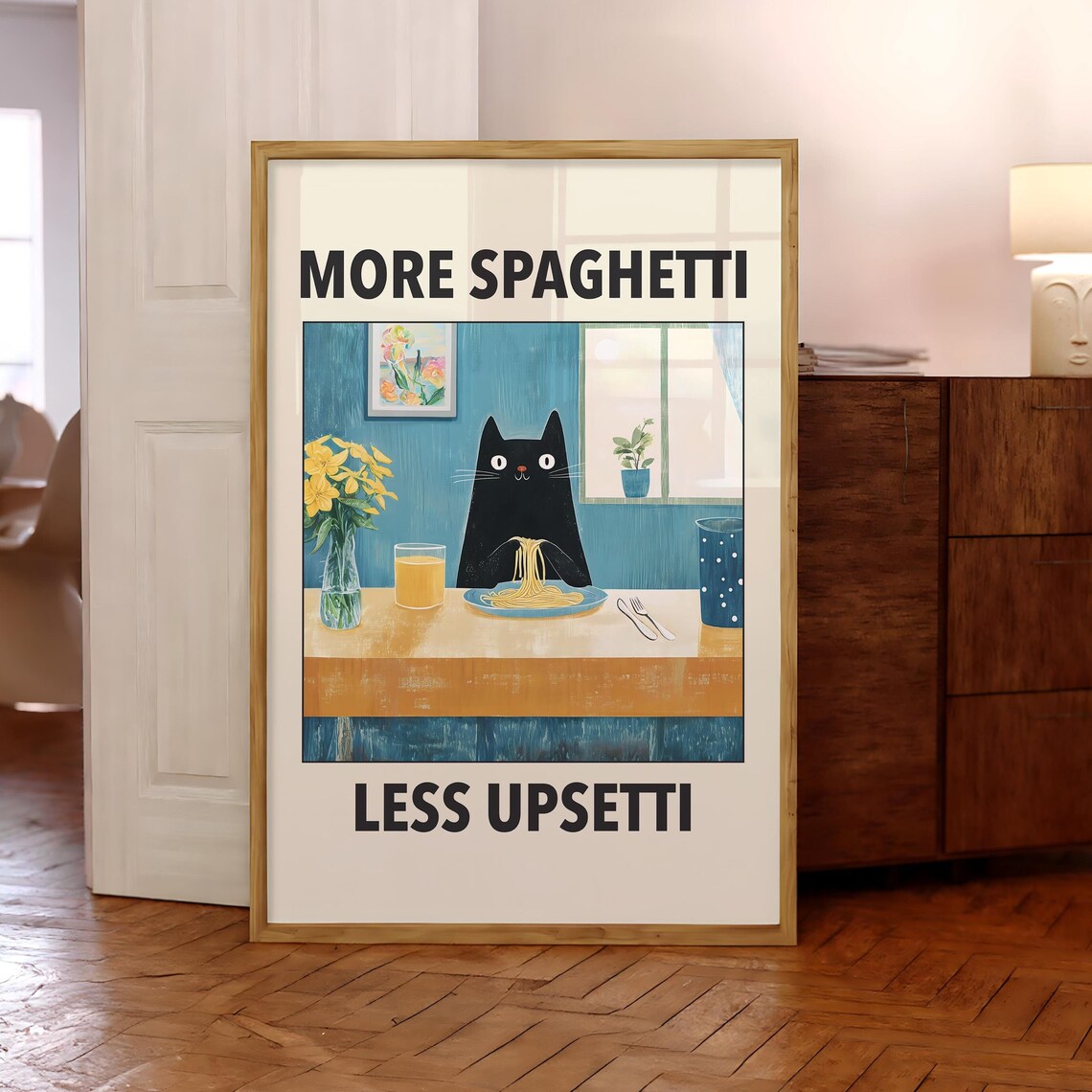 More Spaghetti Less Upsetti Cat Italian Kitchen Wall Art Print