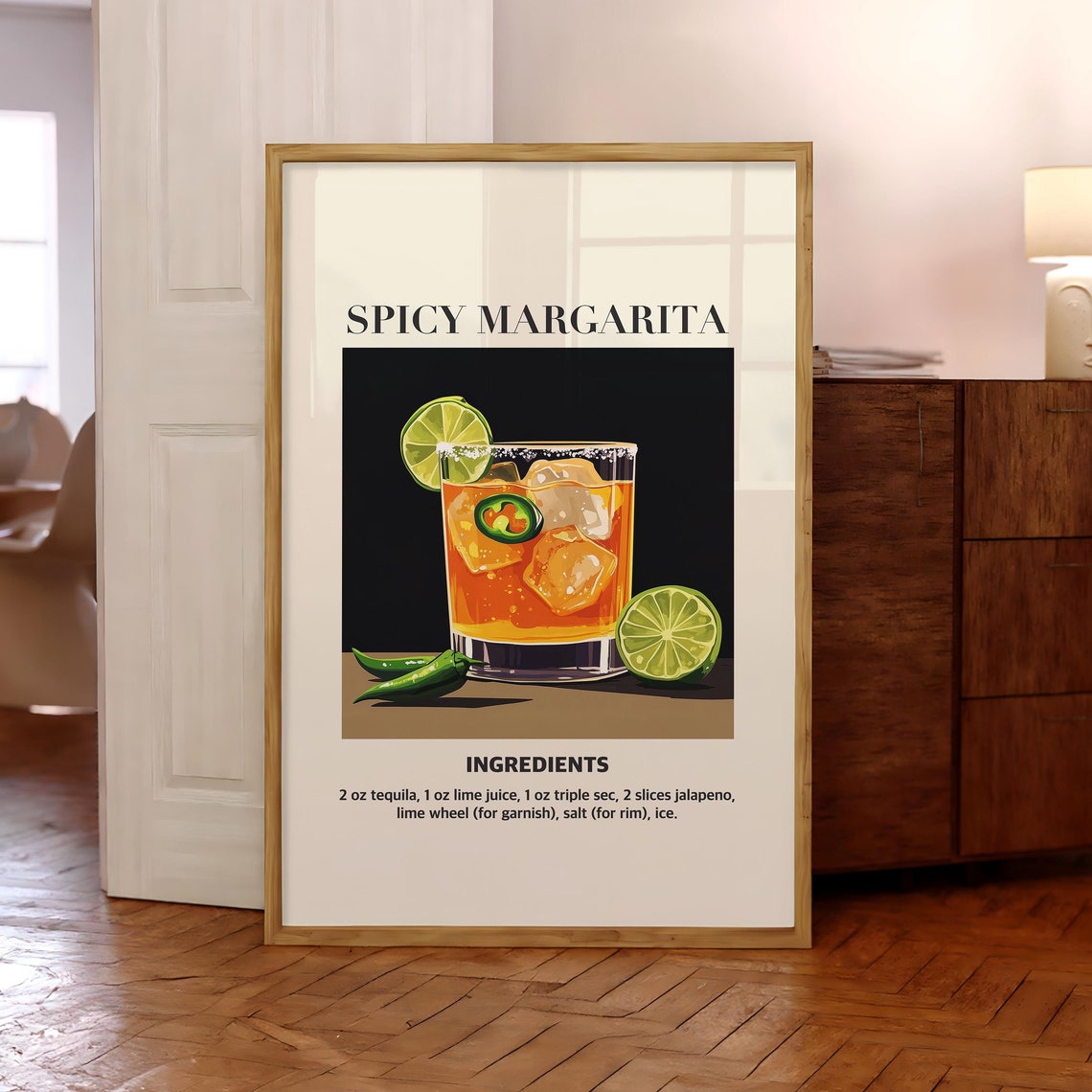 Spicy Margarita Cocktail Print Trendy Art Retro Kitchen Poster Bar Cart Party Drink Wall Optional Frame