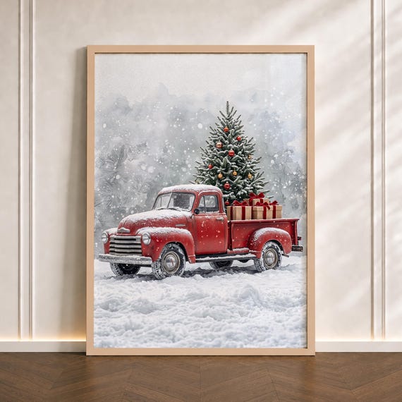 Christmas Red Truck Print Funky Retro Poster Vintage Holiday Wall Art New Year Winter Wonderland Optional Frame