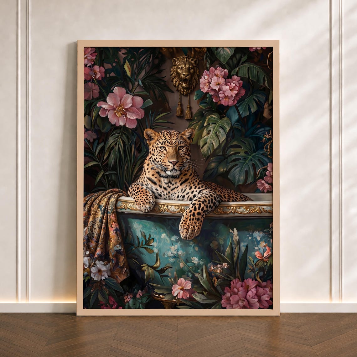Leopard in Golden Bathtub Tropical Jungle Floral Bathroom Art Poster