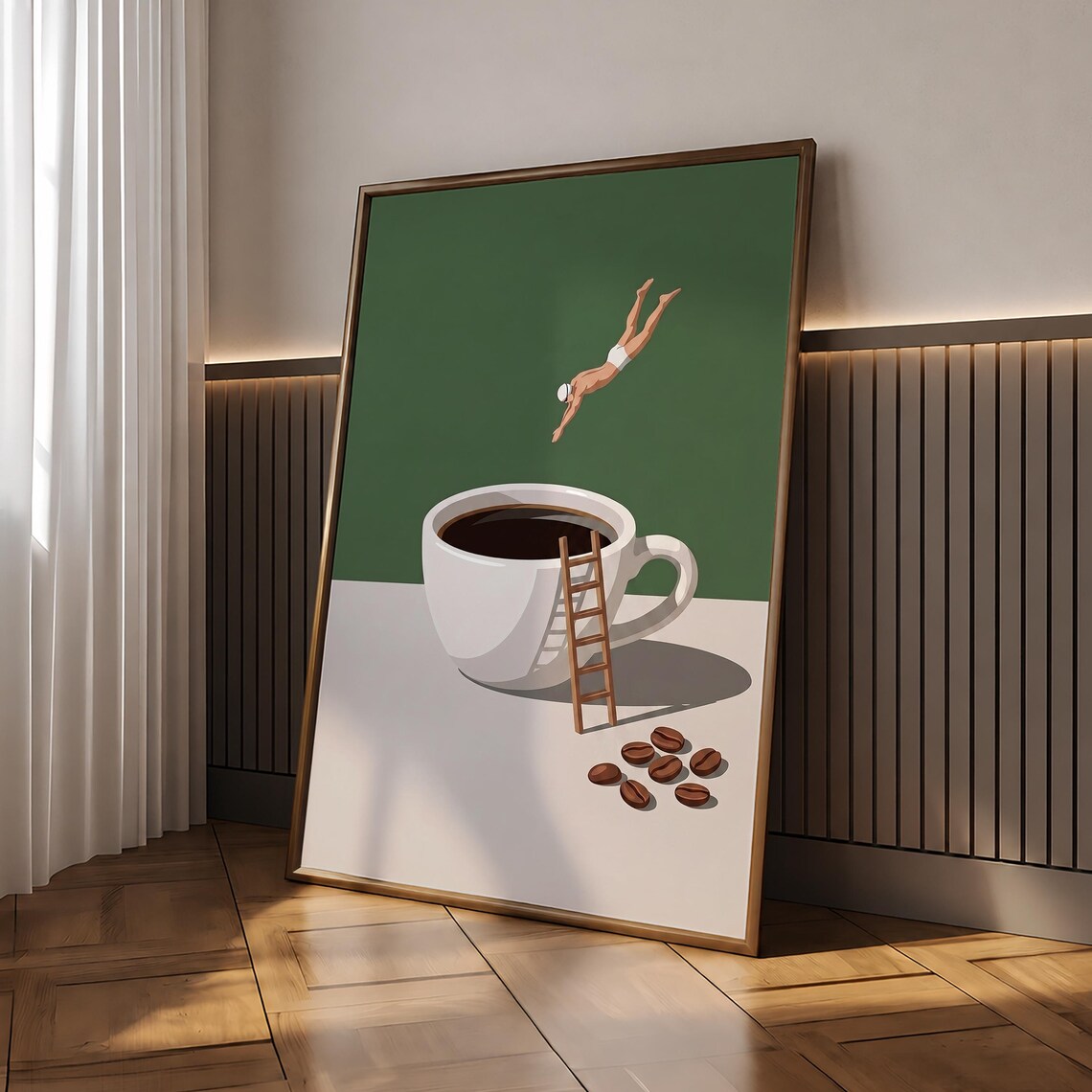 Coffee Diver Surreal Espresso Cup Jump Playful Morning Kitchen Art Poster