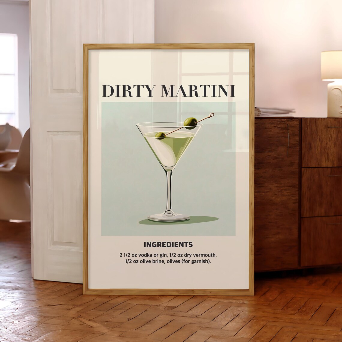 Dirty Martini Cocktail Recipe Gin Vodka Olive Retro Bar Poster