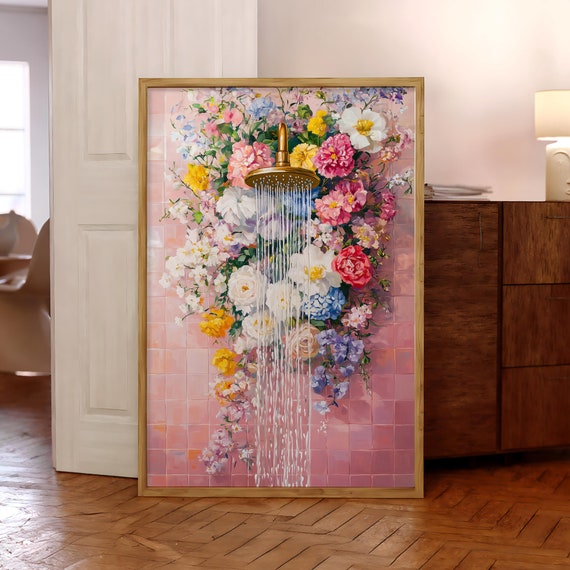 Floral Bathroom Print Watercolor Shower Vibrant Art Botanical Poster Wall Flower Decor Digital File
