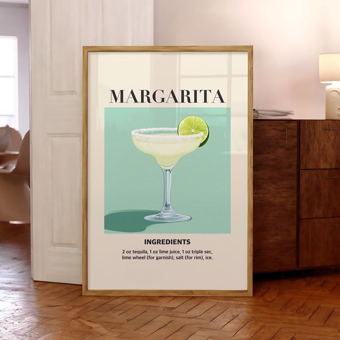 Margarita Cocktail Print Retro Kitchen Party Drink Wall Art Poster Trendy Bar Cart Optional Frame