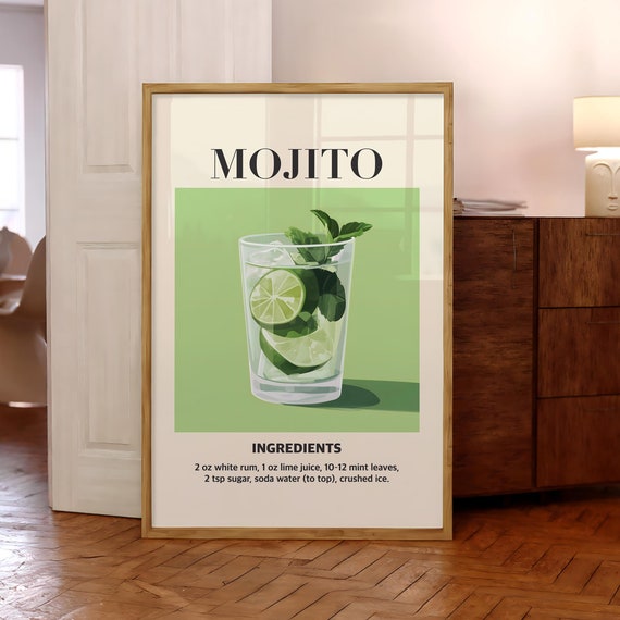 Mojito Cocktail Print Trendy Drink Wall Art Party Poster Retro Kitchen Bar Cart Optional Frame